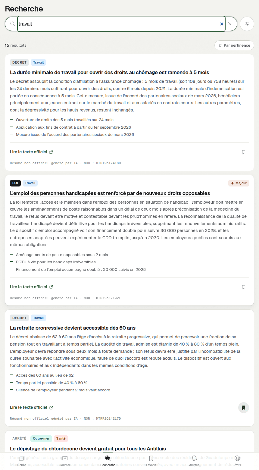L'écran de recherche de Rostres, avec sa barre de recherche, le nombre de résultats et le tri par pertinence.